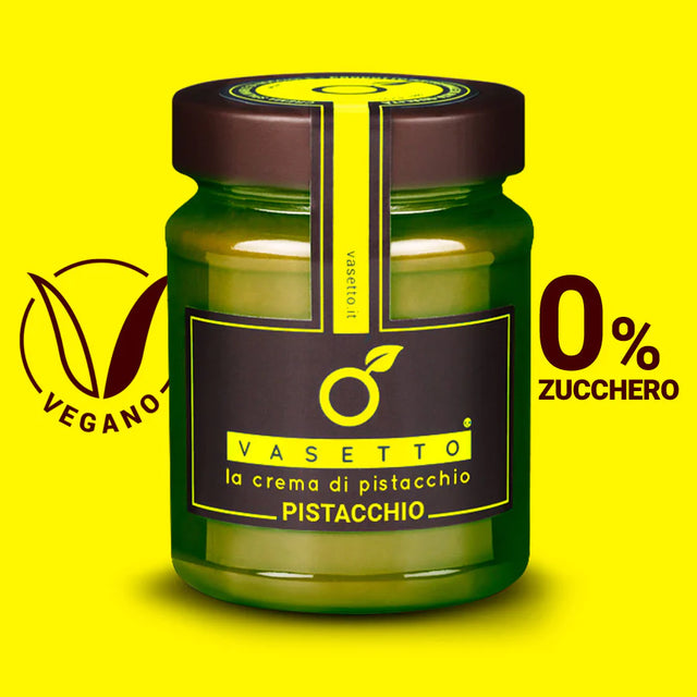 Pistazien Aufstrich von Cioccolato Puro mit 60% sizilianischen Pistazien, kristallisiertem Maltit, Bio-Sonnenblumenkernöl, Kakao Pulver und Kakao Masse aus Venezuela